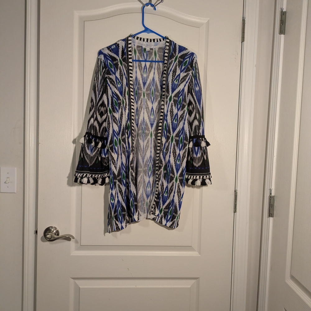 Chico's Blue and Black Patterned Cardigan